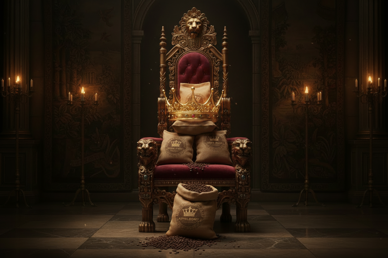 Coffee Bags with Golden Crown on Royal Throne